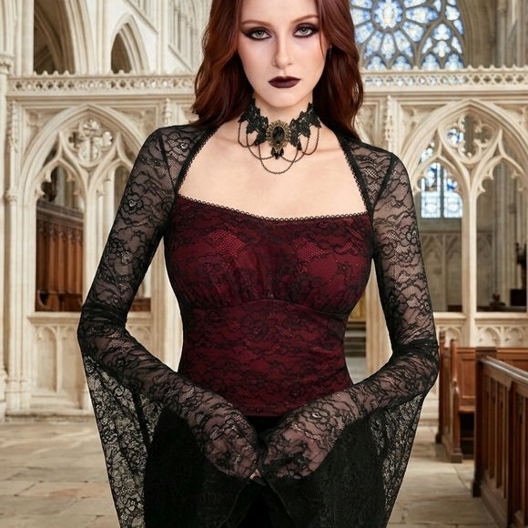Black Skull Tops - Black Lace Bell Sleeve Gothic Crop Top with Burgundy Lining